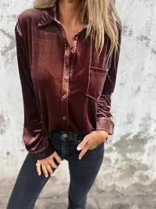 Women's Velvet Button Front Pocket Shirt Blouses, Casual Long Sleeve Collared Top for Fall & Winter, Women's Clothes for Daily Wear