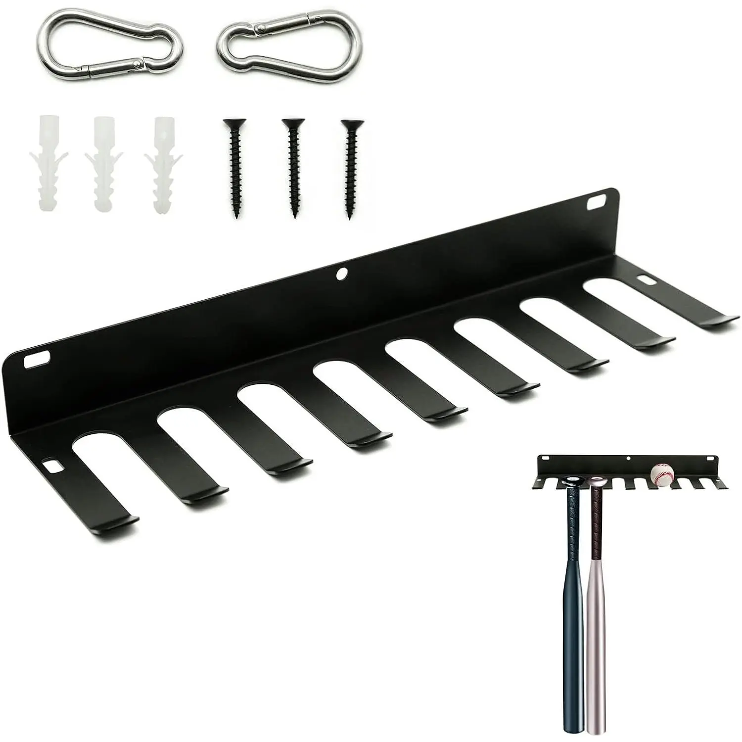 Black Baseball Bat Holder Rack - Metal Hangable Organiser Kit for Softball, Storage & Display, Holds 16 Player Bats, Black Bat Rack Kit