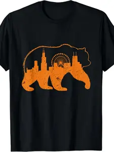 Chicago City Apparel Downtown Walking Bear Silhouette Gift T-Shirt |   Same style for men and women  summer short-sleeved printed pure 220G Crew Neck All-season Vintage Style Regular Fit