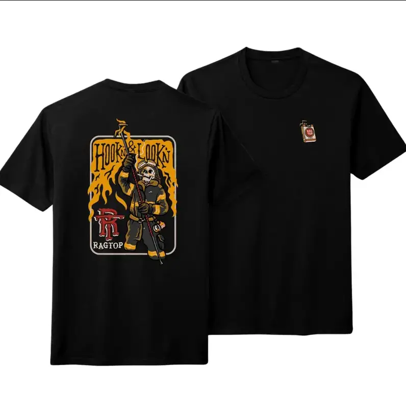 Hook & Lookin Firefighter T-Shirt – Skeleton Firefighter Graphic Tee, Vintage Rescue Flame Design, Soft Cotton Blend Shirt, Gift for Firefighters, First Responders, Dad, Husband