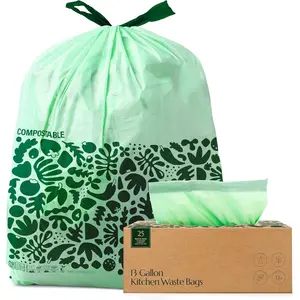 Compostable* Trash Bags with Drawstring (13 Gallon, 25 Units, Tall), BPI Certified For Kitchen Compost