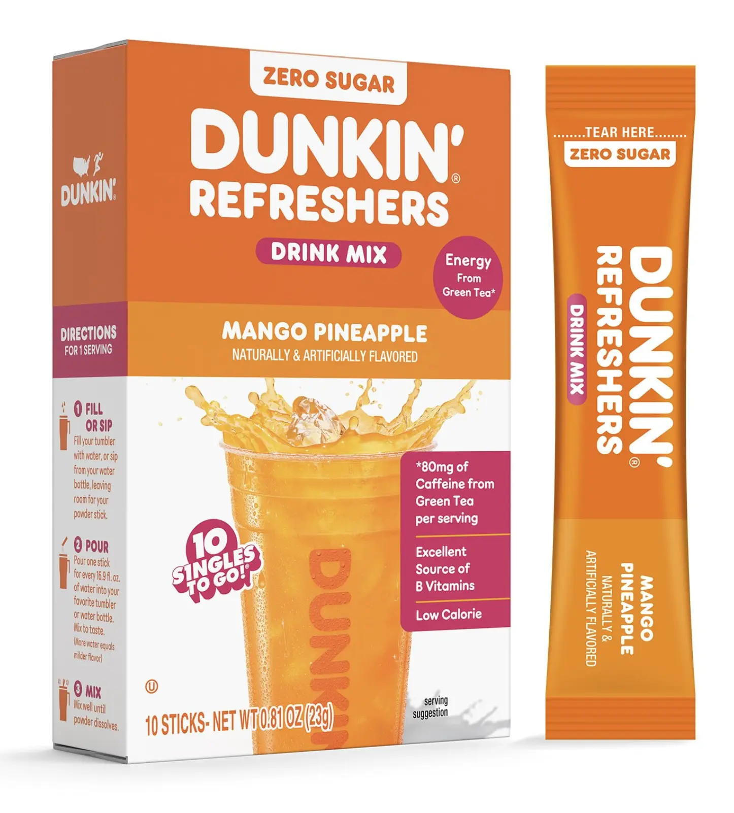 Dunkin’ Zero Sugar Refreshers Singles To Go! Drink Mix Packets, Mango Pineapple, 10 Packets