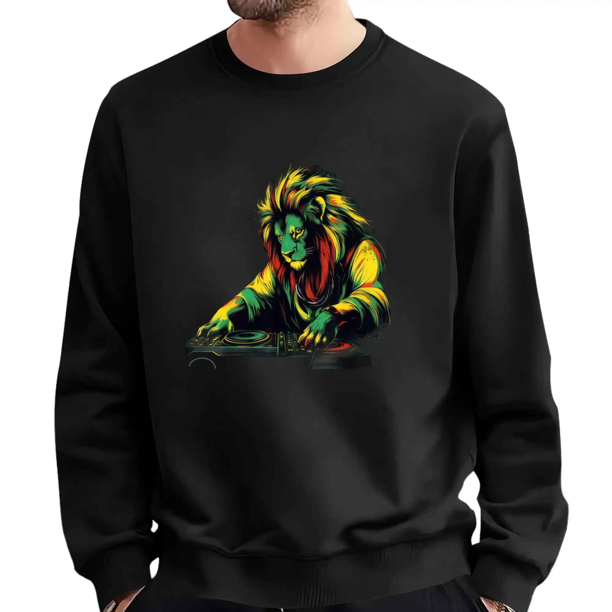 Unisex Long Sleeve Sweatshirt 2026 – Rasta Reggae Lion of Judah Design with Headphones, Perfect for Summer Vibes