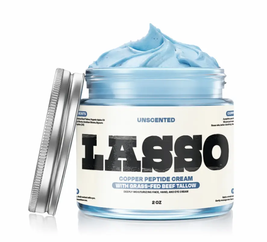 LASSO Copper Peptide Cream 2 oz | GHK-Cu Peptide Face Moisturizer with Grass-Fed Beef Tallow, Organic Manuka Honey, Vitamin E | Hydrating Anti-Aging Wrinkle Cream