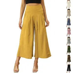 Mundoven Women's Culottes Linen Cropped Wide Leg Pants Elastic Waist Casual Palazzo Trousers with Pockets