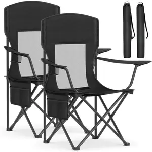 Breathable Camping Chairs, Foldable Outdoor Chairs Set of 2, High Back, Adjustable Armrests, Drink Holder, Weight Capacity 330 lb, for Sports Garden Backyard, Ink Black