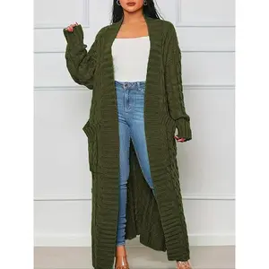 Solid-color textured off-shoulder long cardigan with pockets, autumn and winter casual long-sleeve openwork knitwear, plus-size women’s everyday wear