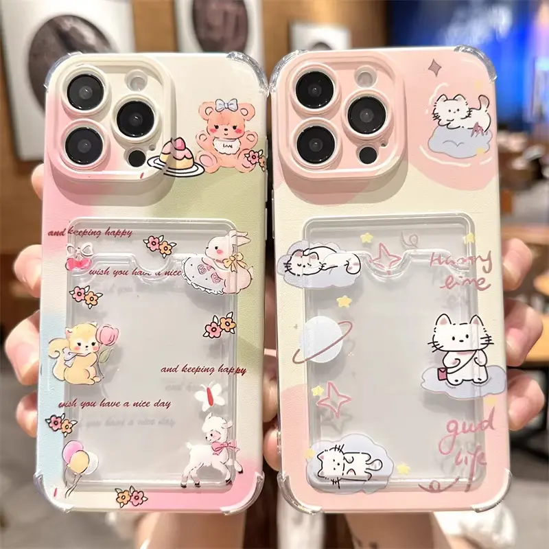 Cute cartoon animal phone case, adorable design, compatible with iPhones, features a card slot on the back and four corners for drop protection, made of TPU material for shock and drop resistance.