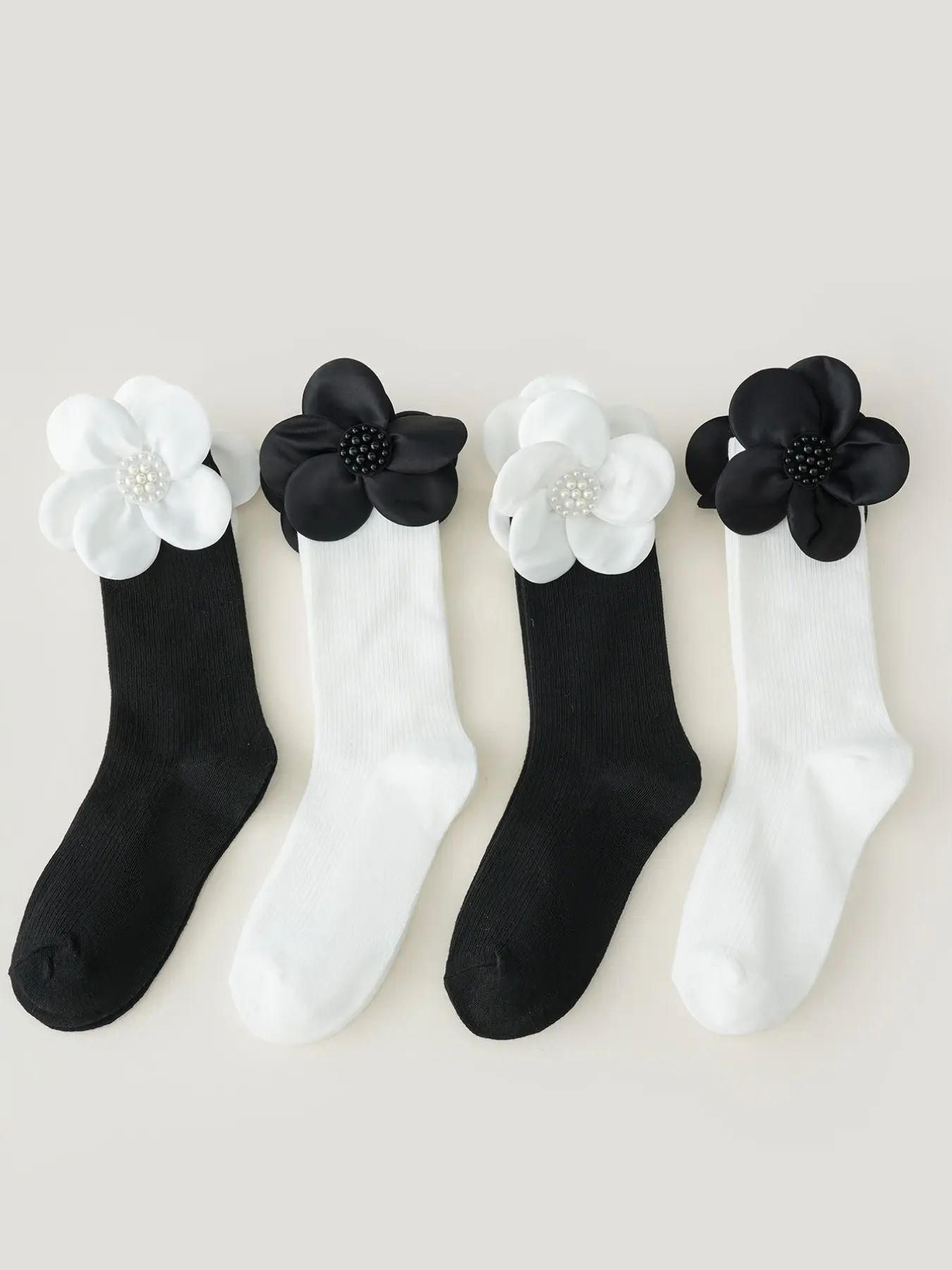 4 pairs Fashion Pearl Flower Mid-Calf Lady Socks, Elegant Versatile Comfortable Casual Chunky Socks, Suitable for Women's Everyday Wear, Elegance