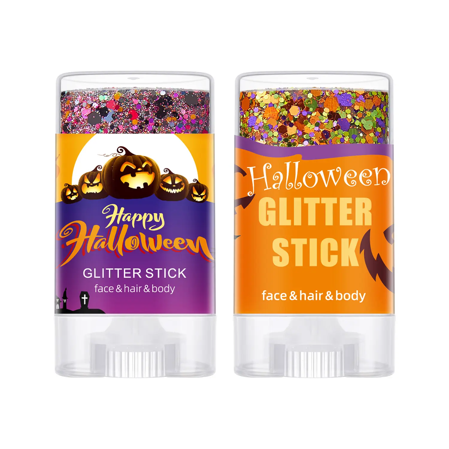 Halloween Glitter Stick for Face Hair Body, Sparkly Festival Makeup Balm, Orange Purple Chunky Glitter Gel Stick, Party Cosplay Rave Costume Makeup Accessory