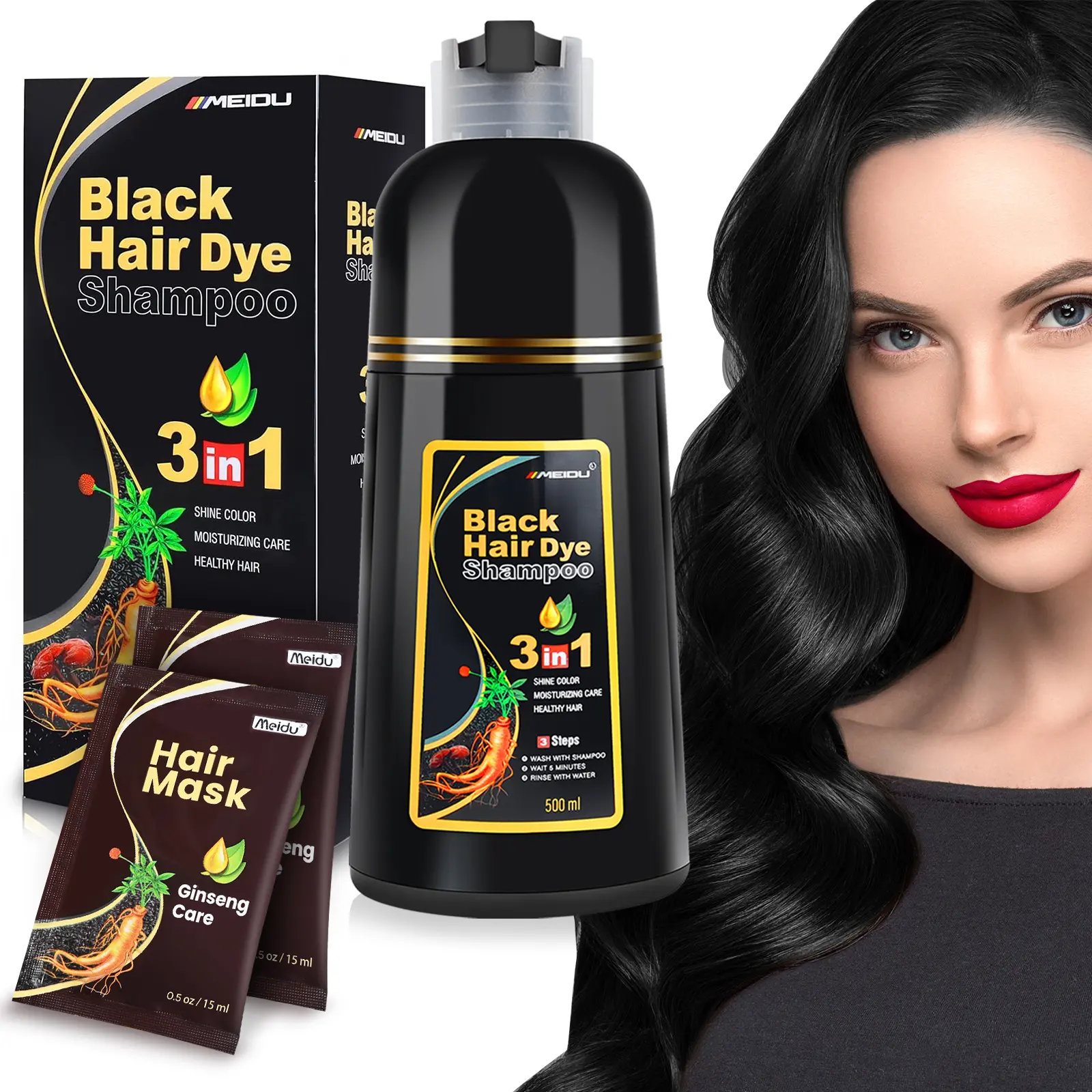 MEIDU 3 in 1 Hair Dye Shampoo - Can cover gray hairs,Ginseng Hair Mask-Nourishing Smooth Moisturizer Hydrating,Collagen Hair Treatment, black hairdye