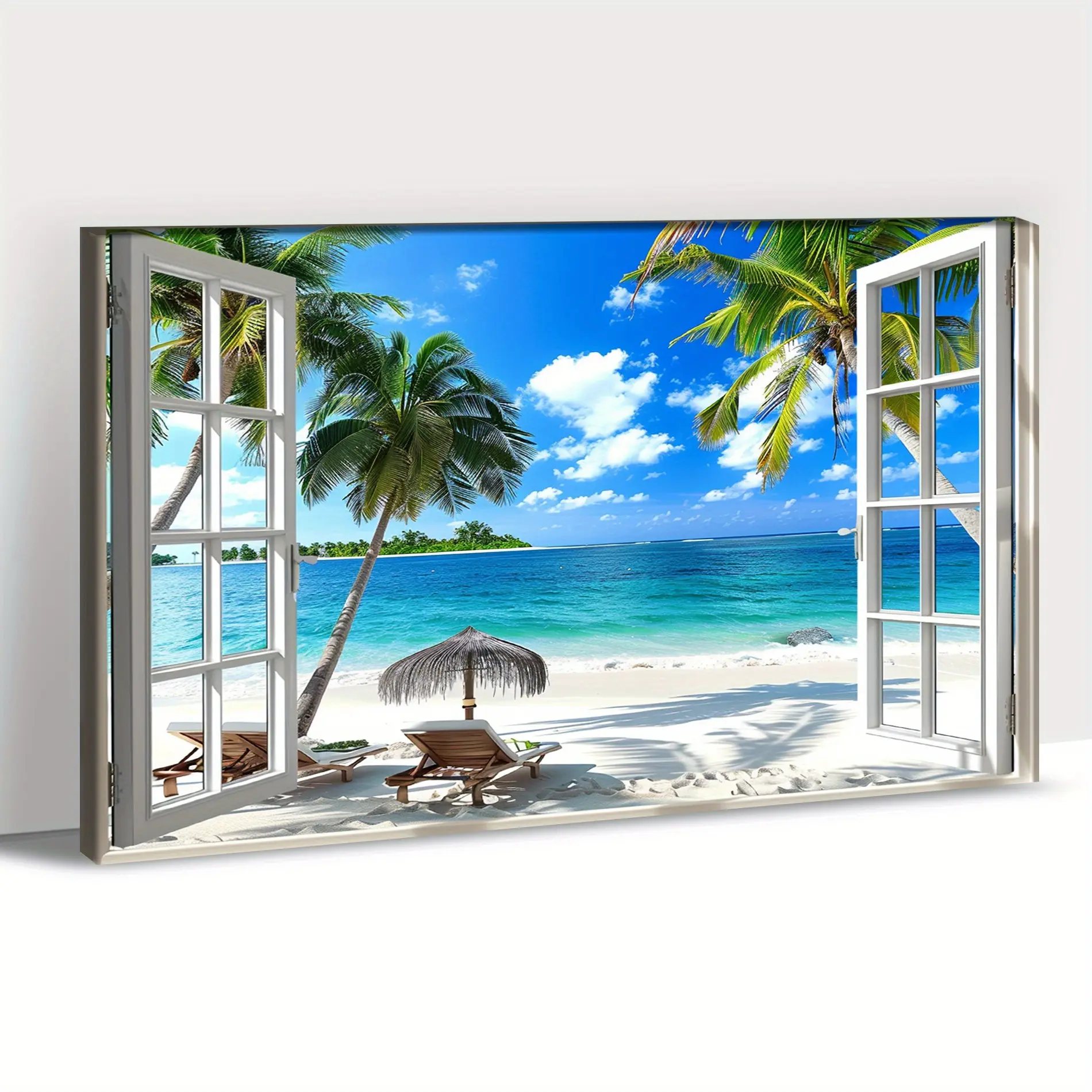 Pine Frame Beach Window Canvas Wall Art Painting - Artistic Ocean Coastal Print, Modern Tropical Landscape Decor for Bedroom, Living Room Room Decoration Home Supplies