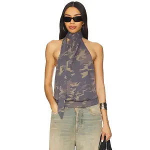 Jaded London Draped Top With Scarf Detail in Grey Camo