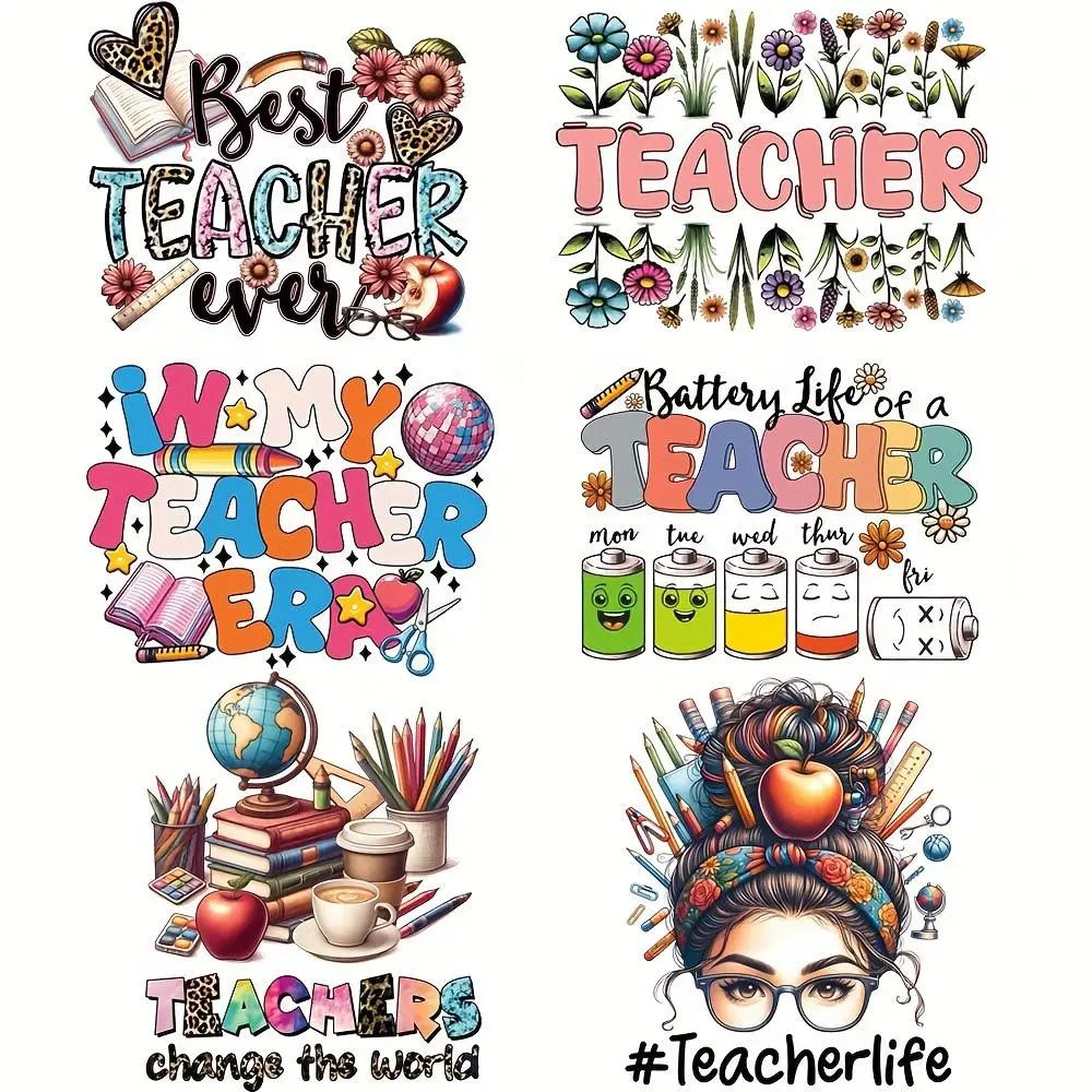Teacher's Day Themed Iron-on Heat Transfer Decals, 6 Counts/set DIY Craft Washable Vinyl Patches for Clothing, Bags & Fashion Design DIY Material, DIY Craft Supplies