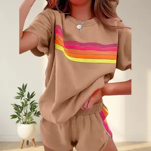 Breathable Rainbow Stripe Set Loose Fit Home Sport Style Rainbow Stripe Casual Set Breezy Sweet Spicy Style Clothes Womenswear Summer Vitality Boost Polyester Fabric Comfortable Outfits 2 piece sets women comfort sweat set sweatsuit set outfit