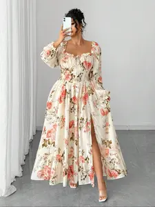 Plus Size Women's Elegant A-Line Floral Dress, Long Sleeve V Neck Ruffle Design, Casual Summer Fashion, Available in Multiple Colors