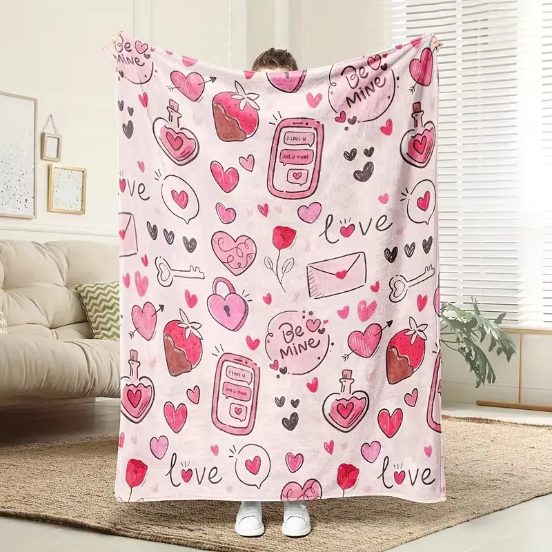 Valentine Love Doodle Heart Flannel Throw Blanket, Soft Cozy Blanket, Perfect for Couch Bed Sofa, Romantic Sweet Home Decor, Ideal Holiday Gift for Couples
