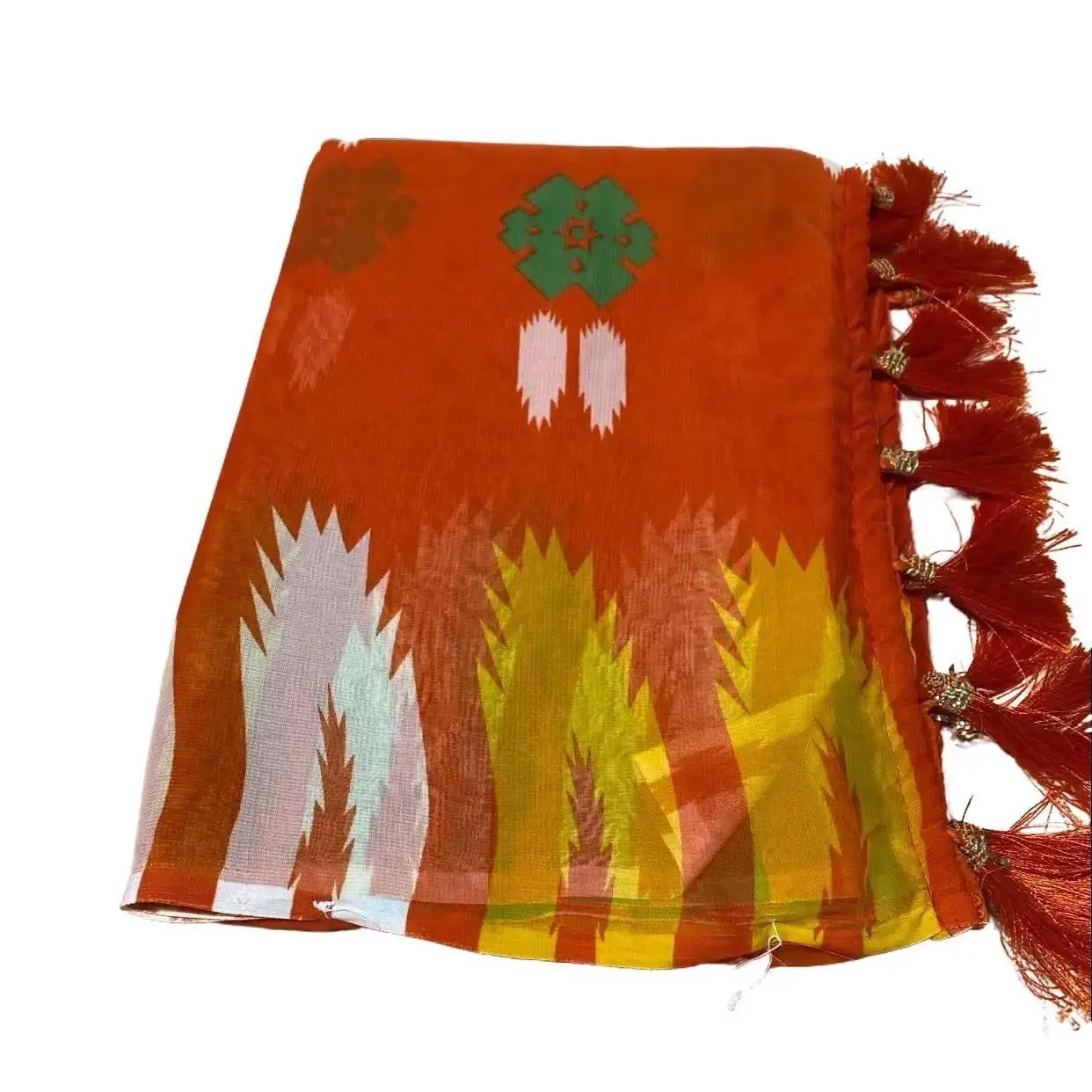Women's Aesthetic Dhaka Print Chiffon Saree, Breathable Fabric, Vibrant Multicolor Traditional Motifs - Lightweight Costumes for Festival Elegance, Accessories, Casual, Women's Clothes, All Seasons, Motif-Rich, Party-Ready, Elegant, Cold Wash, Semi-Formal