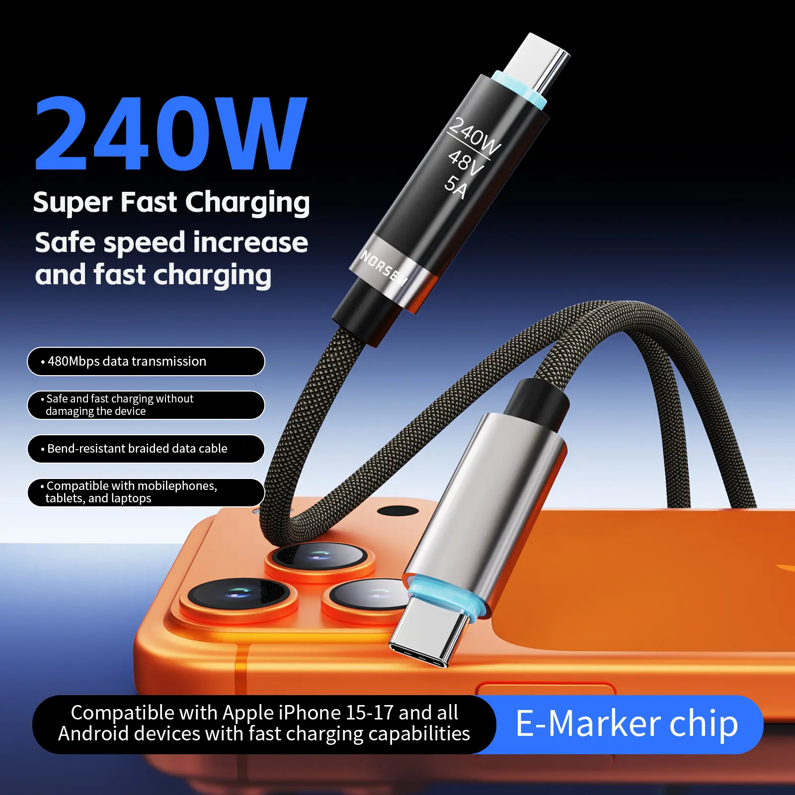 Norsem OLED digital display screen power cable dual Type-C interface mobile phone charging cable 240W fast charging suitable for Apple