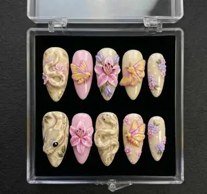 Handmade Enchanted Garden Press On Nails | 3D Ball Python & Rosy Maple Moth Nail Art | Lily Floral Almond Nails | Whimsigoth Aesthetic