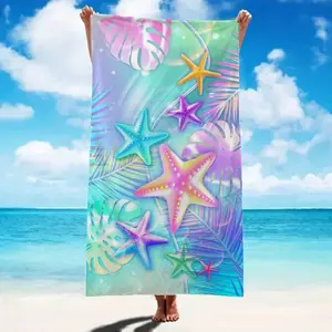 Dreamy Colorful Starfish Coconut Leaf Print Quick-Dry Beach Towel, Non-Shedding Swimming Absorbent Bath Towel, Portable Vacation Towel, Absorbent Breathable Towel