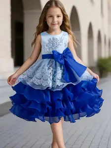 Girl's Contrast Sequin Embroidery Bow Front Frill Trim Bow Tiered Layer Fit and Flare Party Dress, Elegant Sleeveless Ruffle Hem Party Gown, Kids Clothes for All Seasons