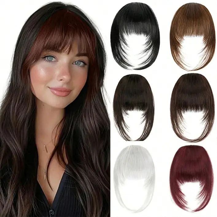 Female Clip-in Synthetic Air Bangs Hair Piece - 3D Wispy Fringe with Face-Framing Sideburns, No-Cut Clip-in Piece for Daily Wear, Instant Look Makeover