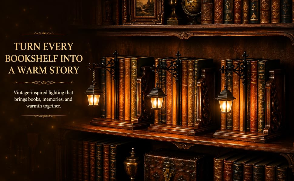 Library Lantern Bookshelf Lamp, Vintage Hanging LED Shelf Light with Bookend-Style Base, Halloween decorations Warm Decorative Reading Nook Lamp for Home Library, Study Corner, Bookworms & Book Lovers Gift