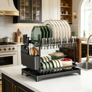 Double-layer kitchen dish drainer rack, with a water tray and a detachable shelf, comes with a knife rack, chopstick cage and cutting board rack. Its large capacity can meet the storage needs of multi-person families.
