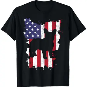 Frenchie Shirt USA Flag 4th of July French Bulldog T-Shirt Pure Cotton Graphic Tees Menswear Top: Gifts for Men & Women