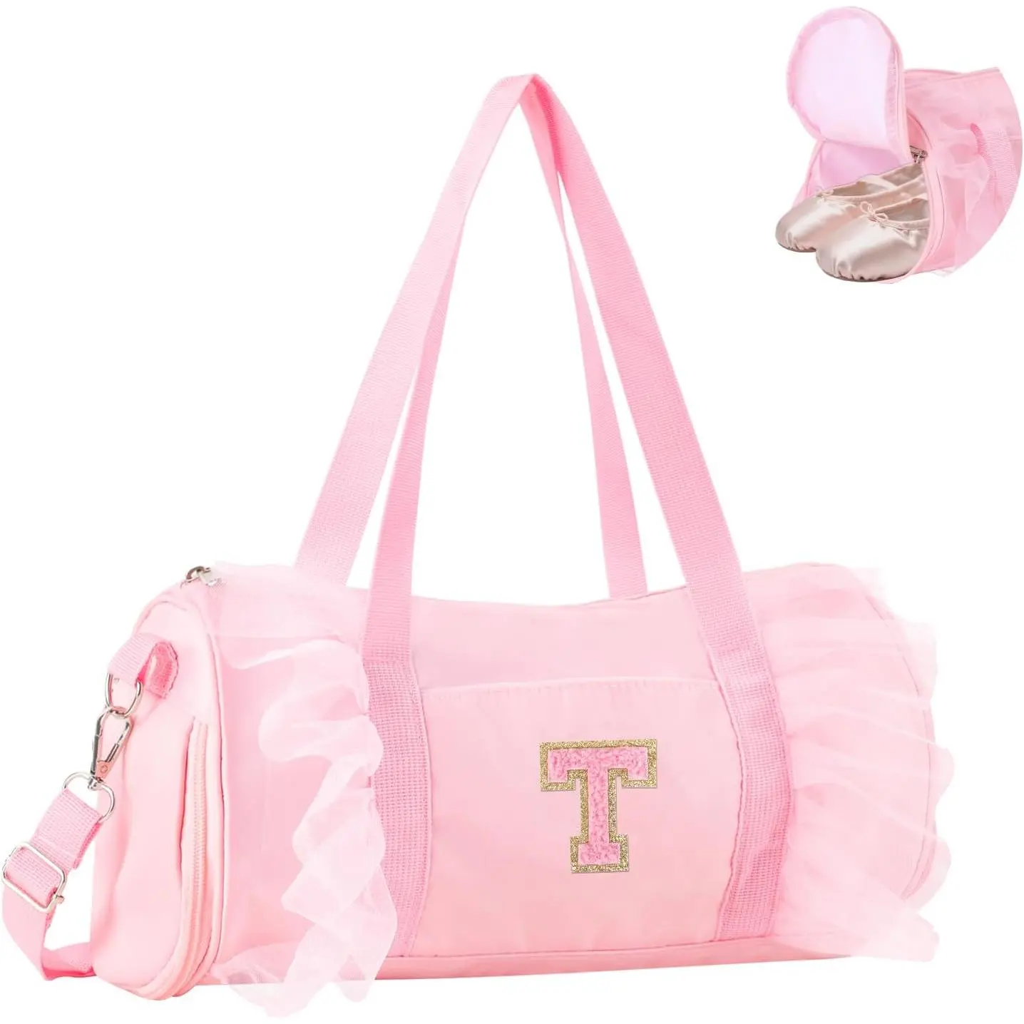 Personalized Initial Dance Bag for Girls 4-6, Small Lace Gym Sport Yoga Cheer Dance Bags Gift for Teen Girls, Cute Letter Kids Ballet Bag Toddler Travel Duffel Tote with Adjustable Straps(Pink)