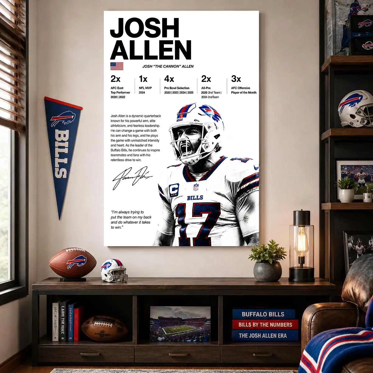 Josh Allen Buffalo Bills Stats Canvas Wall Decor Poster, Sports Magazine Style Poster Featuring QB Josh The Cannon Allen Career Honors & Motivational Quote, Ideal Wall Art For Man Cave Game Room Bedroom Gym, Unique Collectible