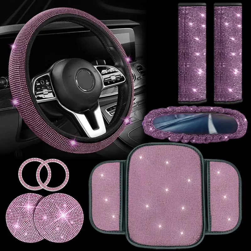 9-Piece Car Interior Accessories Set, Steering Wheel Cover, Seat Belt Pad, Air Vent Clip, Cup Holder, Start Button Decor, Automotive Decoration, Interior Accessories For Car