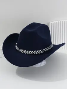 Unisex Panama Hat, French Elegance Denim Jazz Fedora, 3D Leaf Rhinestone Belt, Fire Pit Dance Party Summer Sun Protection Hat