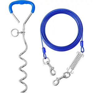 Dog Tie Out Cable and Stake, 10ft Outside Dog Leash & Chain with Shock Spring for Camping Yard, 16'' Heavy Duty Anti Rust Spiral Stake for Small-Large Dogs Up to 200 lbs, Blue