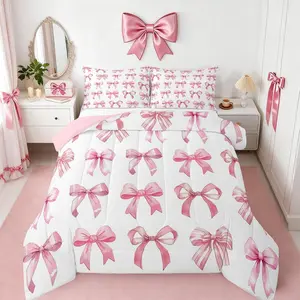 Bow Comforter Set,Kawaii Bowkont Girls Bed Set,Dreamy Princess Style Pink Bedding Comforter Set,Kids Woman,Cute Bow Tie Printed Quilt Sets