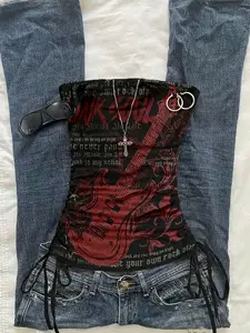 Women's Summer Drawstring Tie Front Adjustable Cut Out Tube Top, Fashion Vacation Slim Fit Sports Print Tank Top, Stylish Casual Wear