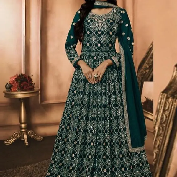 Green Size 42 Georgette Resham Work Party Wear Gown With Dupatta Sequins Thread-work Embroidery for Traditional Events