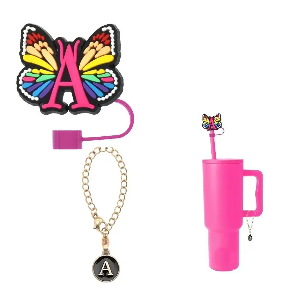 Straw Cover & Initial Letter Charm Name ID Tag Set for Tumbler Cup, Letter Straw Cover*1 & Letter Charm*1, Summer Silicone Straw Protector ( without T