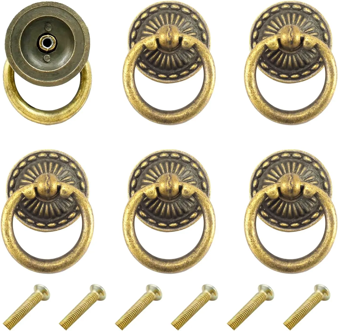 Chris.W 6Pcs Vintage Bronze Drop Ring Knobs Pulls Handles for Dresser Drawer Antique Drawer Pull Ring Single Hole Decorative Hardware with Screws for Furniture Cabinet Cupboard (Round)