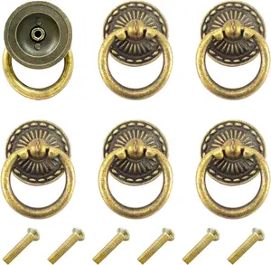 Chris.W 6Pcs Vintage Bronze Drop Ring Knobs Pulls Handles for Dresser Drawer Antique Drawer Pull Ring Single Hole Decorative Hardware with Screws for Furniture Cabinet Cupboard (Round)