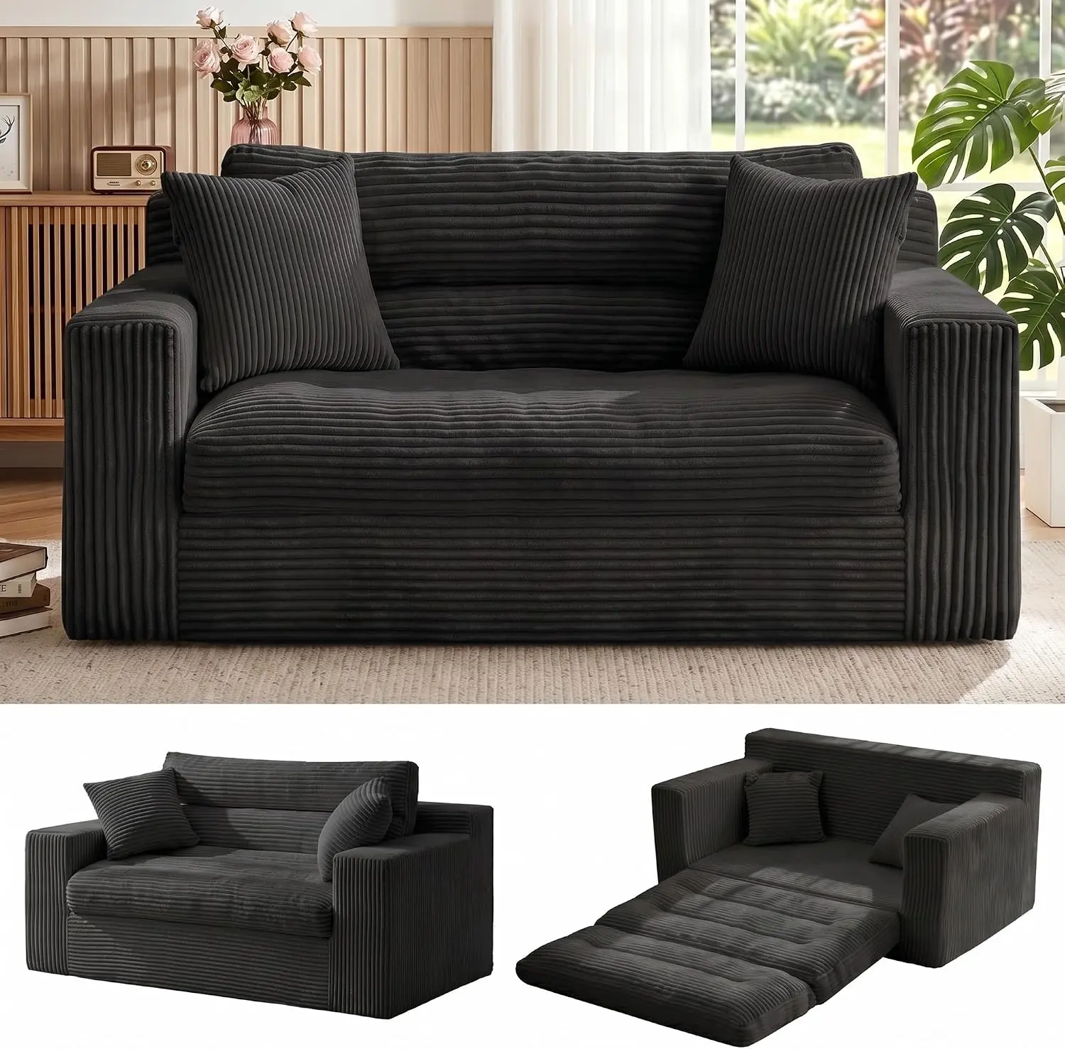 Boneless Loveseat Sofa Couch, 2 in 1 Convertible Sofa Bed with Pillows, Fold Out Bean Bag Chair Boneless Floor Couch for Living Room Bedroom Office Lounge Apartment, No Assembly Needed