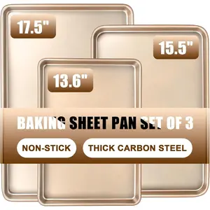 Baking Sheet Pan Set of 3, Commercial Nonstick Cookie Sheets for Baking, Half/Quarter/Jelly Roll Pans Replacement Toaster Oven Tray, Heavy Duty & Easy Clean, Champagne Gold