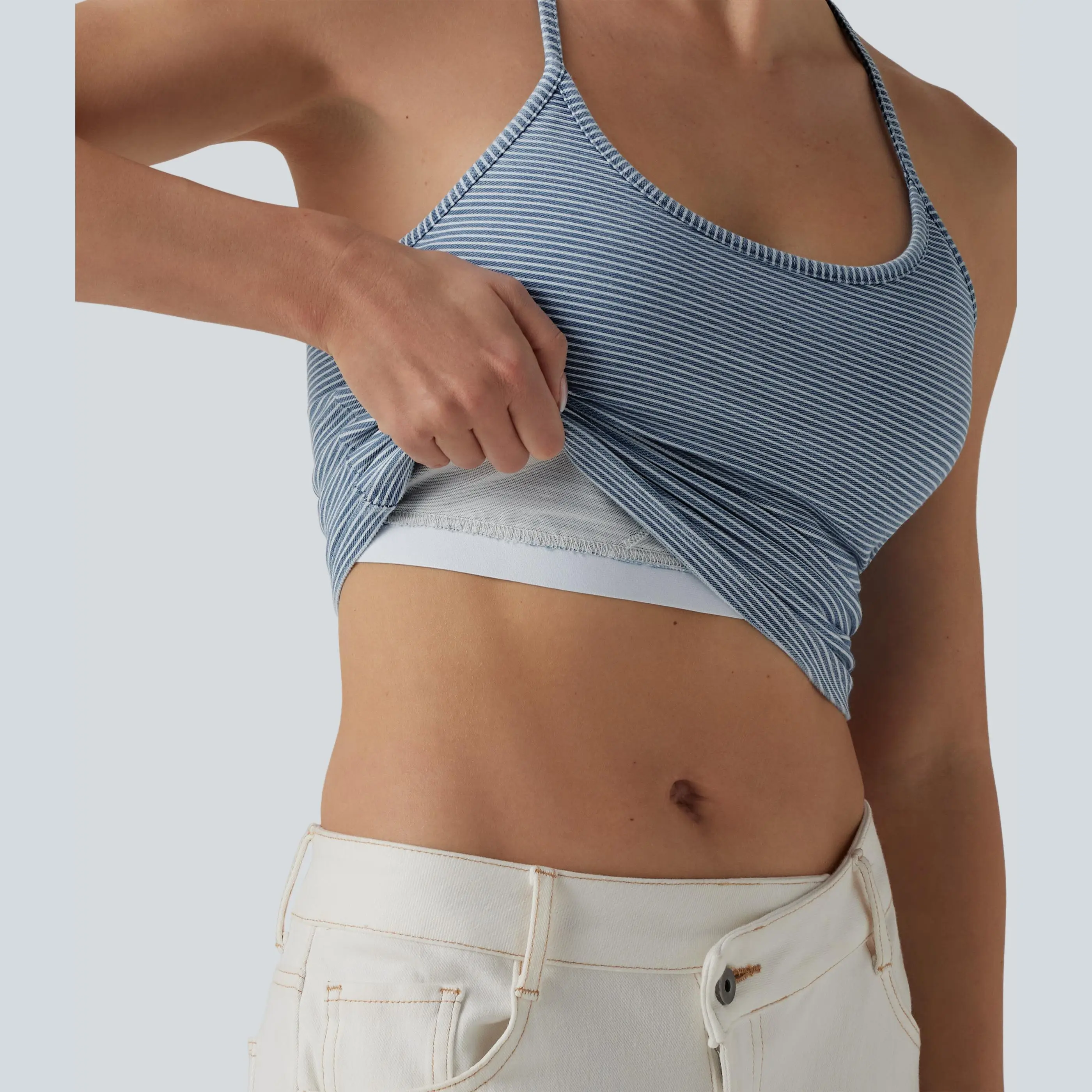 Halara Flex U-Neck Built-in Bra Stripes Denim Casual Cami Top