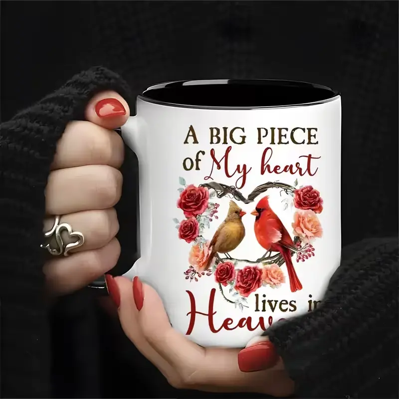 1pc, Red Cardinal Couple Commemorative Mug, 11 Oz "1pc My Heart Is in Heaven" Mug, Easter/Thanksgiving/Halloween/Christmas Gift, Souvenir, Elegant Font Design, Vibrant Print Quality