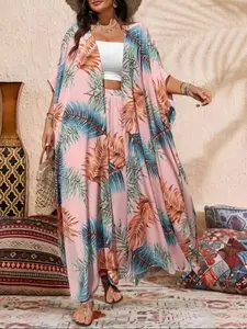 【Plus Size】 Two-Piece Set Leaf Print Batwing Sleeve Open Front Outerwear & Elastic Waist Wide Leg Pants, Casual Boho Outfit Sets Two-piece Outfits for Vacation Holiday, Women's Clothes for Summer, Womenswear