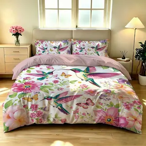 3-piece quilt cover set (1 quilt cover +2 pillowcases, no core) Fresh hummingbird flower quilt cover watercolor hummingbird butterfly print soft and comfortable bedding, Floral Bedding Set suitable for all rooms
