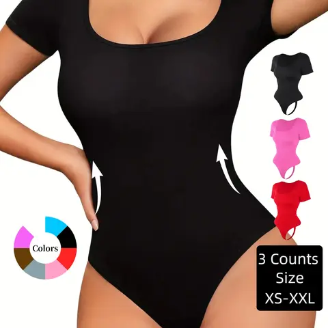 Women's Square Neck Thong Shapewear Bodysuit, Short Sleeve, Firm Tummy Control, Tight Waist Design & Butt Lifting, All-Season, XS-XXL