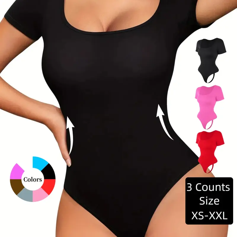 Women's Square Neck Thong Shapewear Bodysuit, Short Sleeve, Firm Tummy Control, Tight Waist Design & Butt Lifting, All-Season, XS-XXL