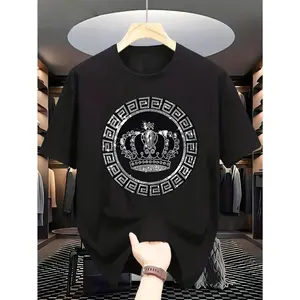 Plus Size Men's Fashion T-Shirt – Black & white decorative crown print, vintage elegant luxury style, plus size streetwear for men. Stylish and comfortable, no sequins, perfect for everyday wear.